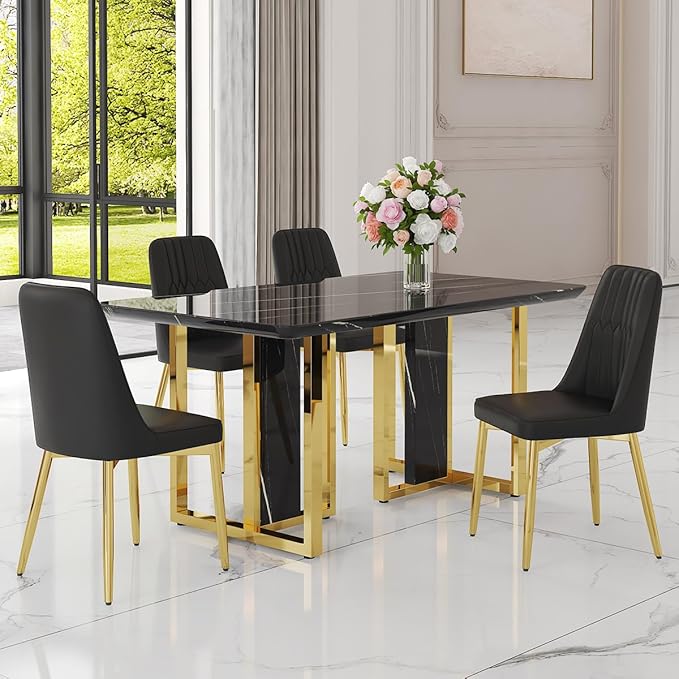 TesNus 63" Black Dining Table Set for 4 with Chairs,Modern Faux Marble Rectangular Kitchen Table and Chairs Set Luxury 5 Piece Dining Room Set with Gold Metal Legs,Easy Assemble,Stable Base
