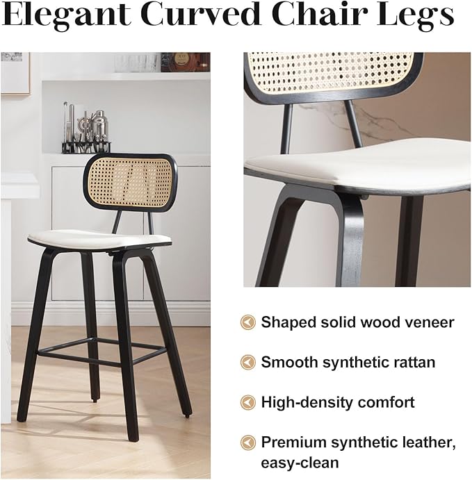 Counter Height Bar Stools Set of 2, 26" PU Leather Upholstered Rattan Barstools, Mid Century Modern Bar Chairs with Black Wood Legs, Armless Walnut Kitchen Island Dining Bar Chair, White