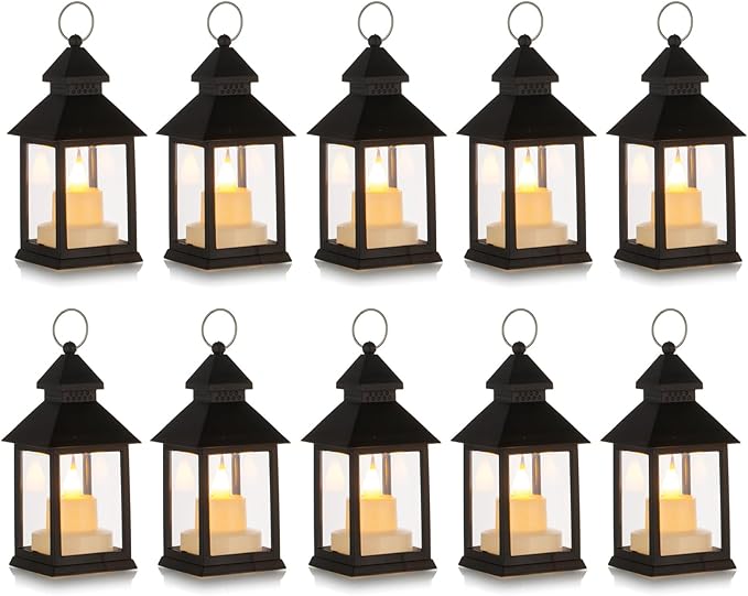 Romadedi Mini Lanterns Decorative for Centerpiece - 10 PCS Hanging Small Black Lantern Bulk with Flickering LED Candles for Halloween Decorations Wedding Decor Christmas Table, Batteries Included