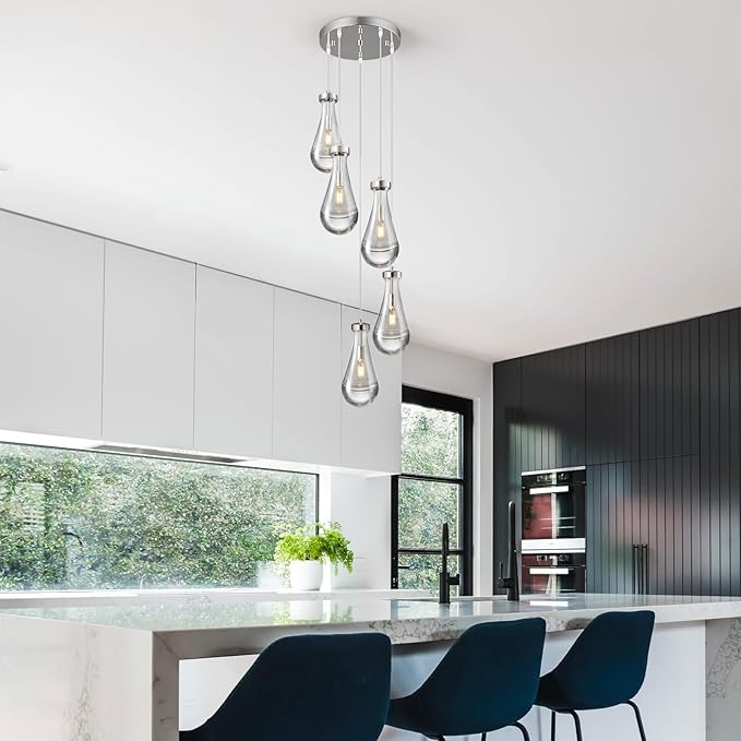 Raindrop Pendant Lights Kitchen Island Teardrop Chrome Hanging Light Fixtures Clear Solid Glass Pendant Light Modern Chandeliers for Dining Room Porch Corridor Living Room(5-Light)