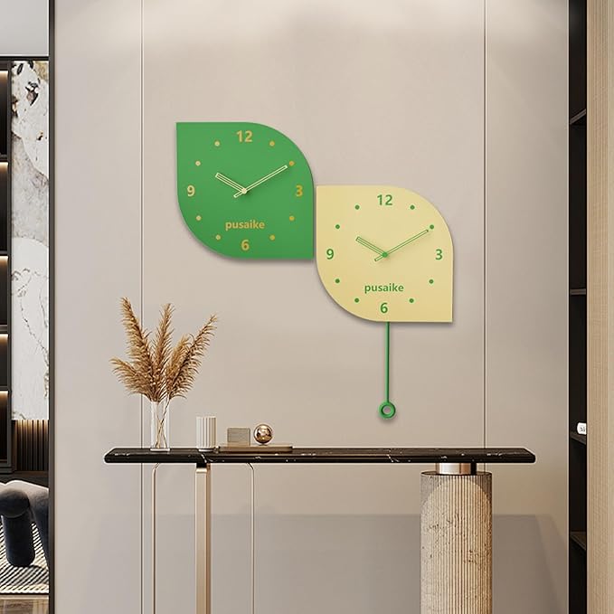 Wall Clock 11.8 Inch Double Sided - Modern Battery Operated Wall Clock with Pendulum, Unique Angle Corner Mounted Small Clock for Bedroom Living Room Office, Green Decorative Clock