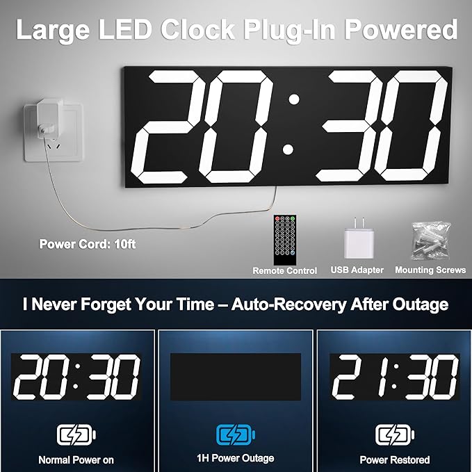 Digital Clock with Large Display 18.7 Inch, GPS Auto-Sync Time, Wall-Mounted with Remote Control, Ideal for Classroom Use