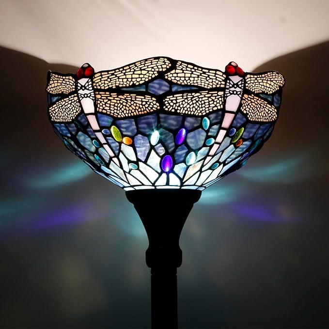 WERFACTORY Tiffany Floor Lamp Sea Blue Stained Glass Dragonfly Light 12X12X71 Inches Pole Torchiere Standing Corner Torch Uplight Decor Bedroom Living Room Home Office S631 Series