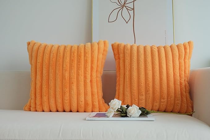 JOJUSIS Pack of 2 Faux Fur Plush Decorative Throw Pillow Covers Couch Cushion Case Soft Pillowcases (Orange, 22 x 22-Inch)