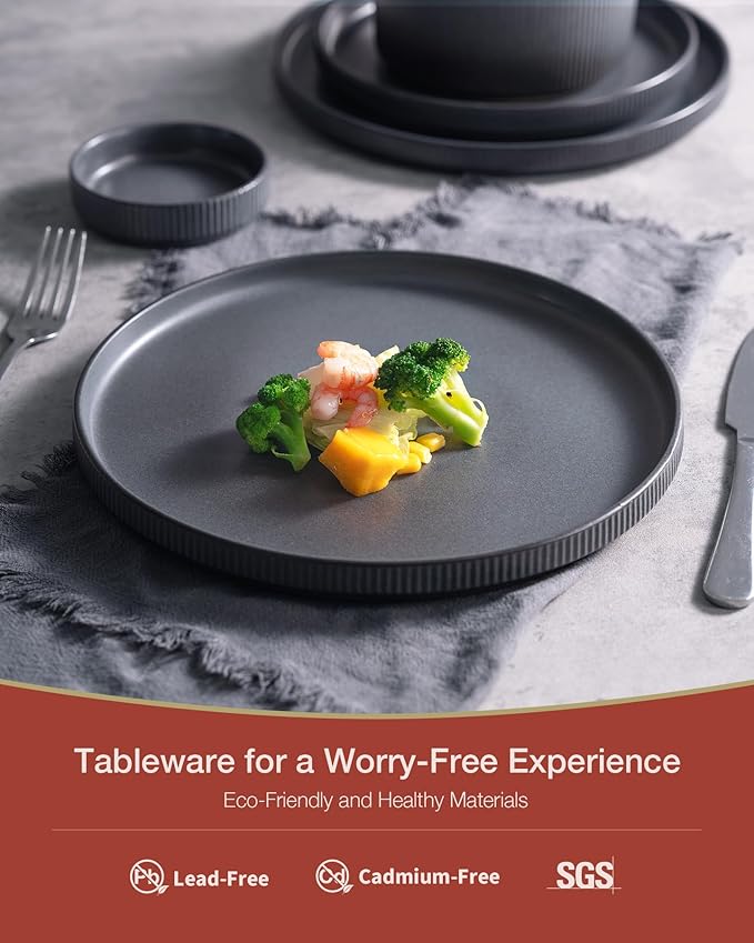 Famiware Star Plates and Bowls Sets, Modern Stoneware Dinnerware Sets for 8, 24-Piece Kitchen Dish Set - Microwave and Dishwasher Safe, Chip and Scratch Resistant, Matte Dark Charcoal