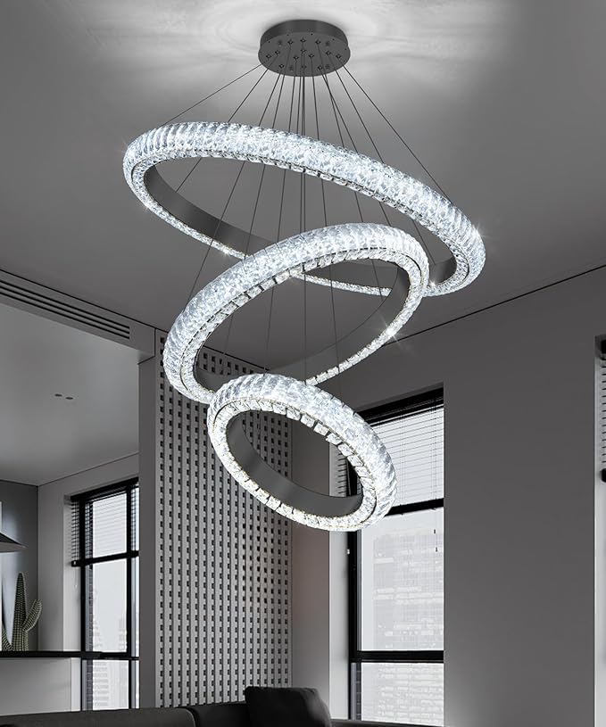 31.5" 3 Ring Crystal Chandelier Modern LED Dimmable Ring Pendant Light Round Chandelier for Dining Room Living Room Black