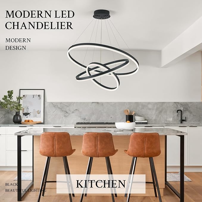 3-Rings Modern LED Chandelier Black, Dimmable Pendant Lighting with Remote Control Circular Flush Mount High Ceiling Light for Living Room Dining Room Foyer, 3000K-6500K D31.5’’