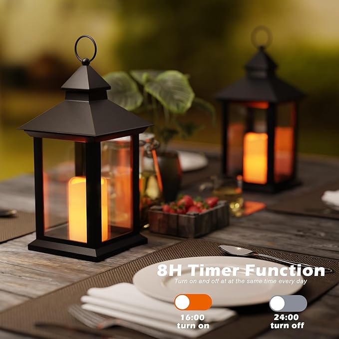 14" Lanterns Decorative Indoor, Black Lantern Decor with Timer Flameless Candle, Vintage Farmhouse Outdoor Lanterns, Waterproof Hanging Lantern for Patio, Porch, Entryway, Centerpieces