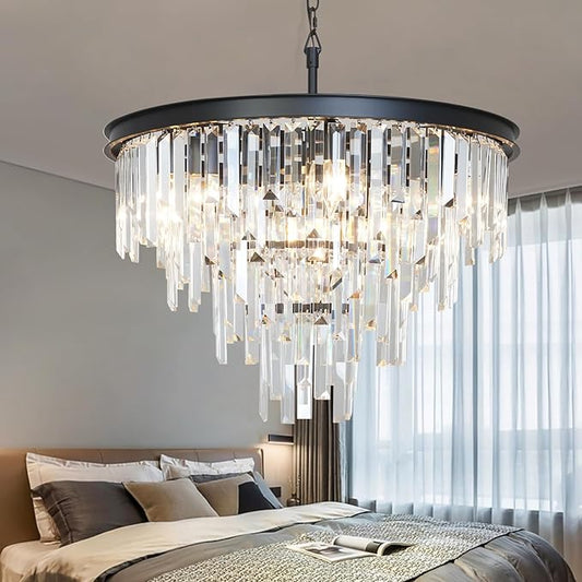24'' Modern Crystal Chandelier, Black Round Ceiling Light with Clear Prisms, Luxury Flush Mount Lighting Fixture for Dining Room Bedroom Foyer