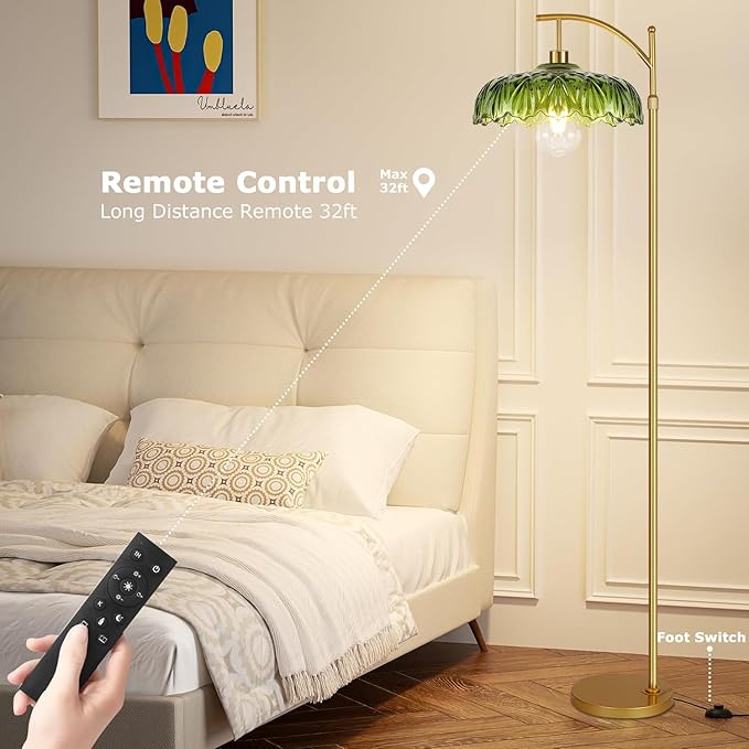 Glass Floor Lamp for Living Room,Bedroom,Gold Standing Lamp with Remote,Dimmable Brass Mid Century Modern Tall Lamp Vintage Retro Green Floor Lamps Boho Flower Floor Light Arc Bohemian