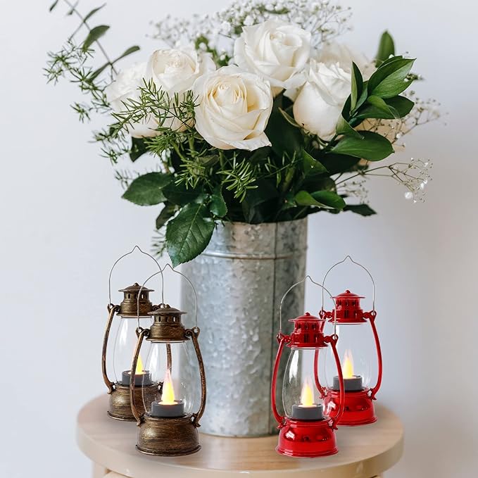 Mini Lanterns,12Pcs Red Lantern Decorative with Flickering LED Candle, Retro Small Hanging Lanterns, Christmas Table Centerpiece, Indoor Halloween Xmas Decorations, Camping Party Decor