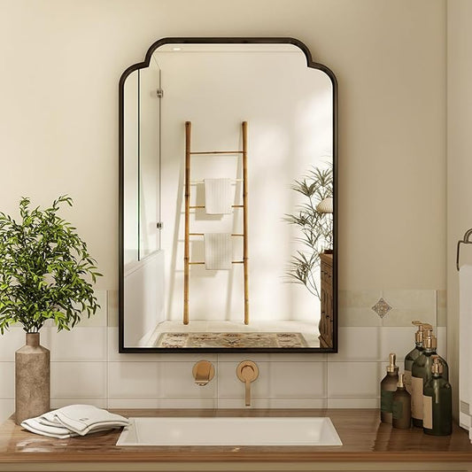 20X30 Inch Black Bathroom Mirror for Wall, Modern Rounded Corner Rectangle Mirror with Non-Rusting Iron Metal Framed Bathroom Vanity Mirror for Over Sink Wall Decor