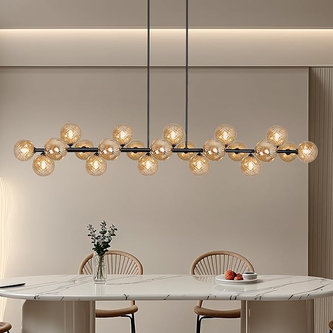 Modern Linear Chandelier 22-Lights Linear Sputnik Chandelier with Amber Striped Glass Shade 70 Inch Long Chandeliers for Dining Room, Living Room, Kitchen Island, Farmhouse