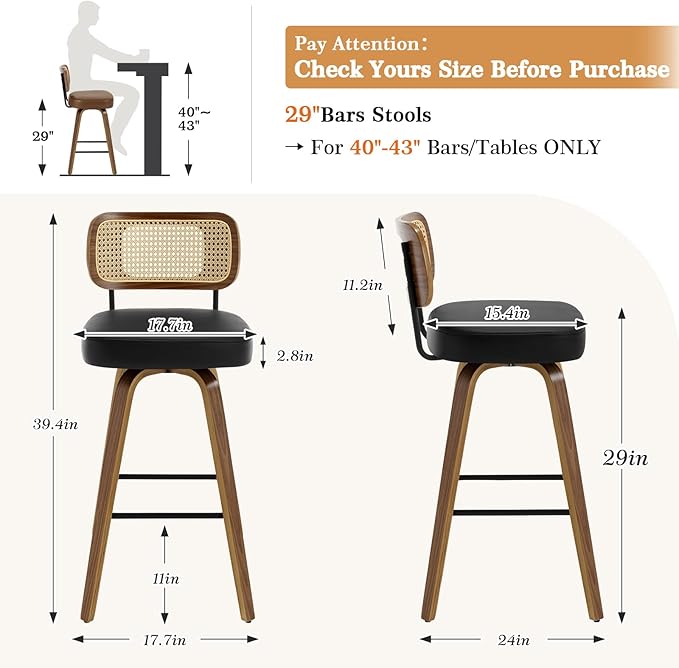 Swivel Bar Stools Set of 4, Upholstered Faux Leather Barstools with Rattan Back, 29" Seat Height Bar Chairs for Kitchen Island, Bentwood Wood Frame, Black