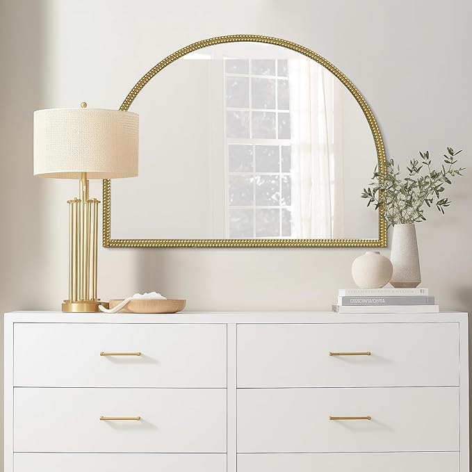 WallBeyond Gold Vintage Mirror for Vanity 32x24 Inch, Gold Antique Mirror with Ornate Beaded Frame for Bathroom, Living Room, Fireplace, Entryway