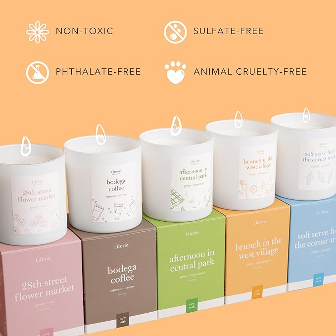 Literie NYC Inspired Scented Candle: Brunch in The West Village - Citrus & Champagne, 9oz, 50 Hour Burn, Vegan Soy & Coconut Blend Candle for Home Decor, Gift for Women & Men