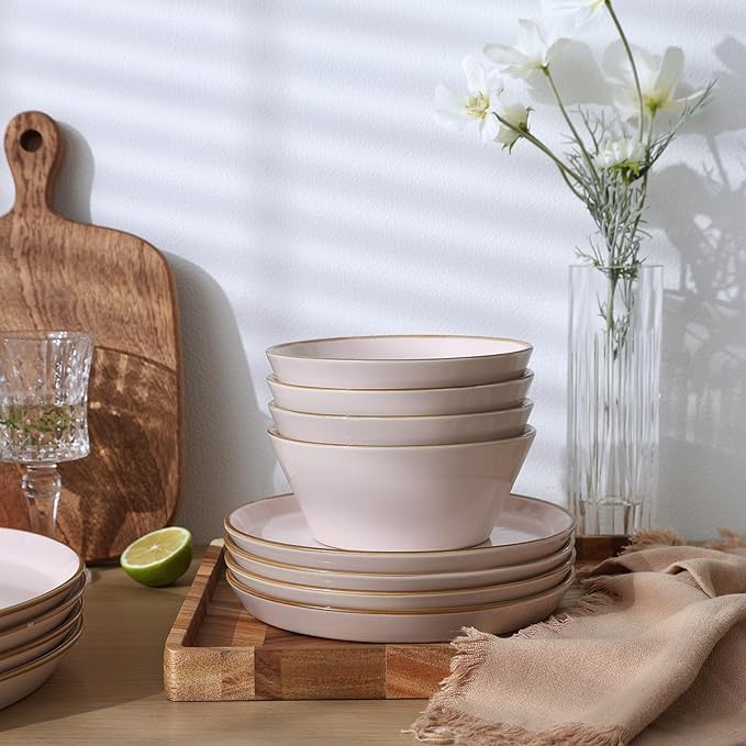 Famiware Saturn Dinnerware Sets, Plates and Bowls Sets for 4, 12 Pieces Stoneware Dish Set - Chip and Scratch Resistant, Microwave and Dishwasher Safe Tableware Set, Light Pink with Rim