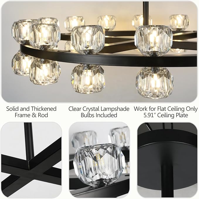 35" Round Crystal Chandelier, 32 Lights Black Chandeliers for Dining Room, Modern Chandelier Light Fixture with Crystal Shades for Living Room