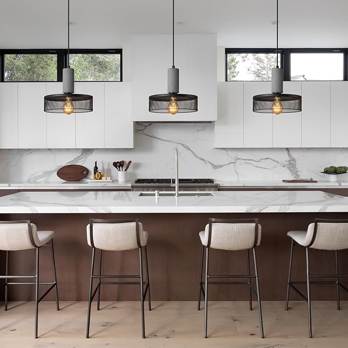 Pendant Light Fixture with Concrete and Black Metal Linear Modern Industrial Hanging Cement Pendant Lighting Kitchen Island for Bedroom Dining Room Living Room Bar(1 Pack)