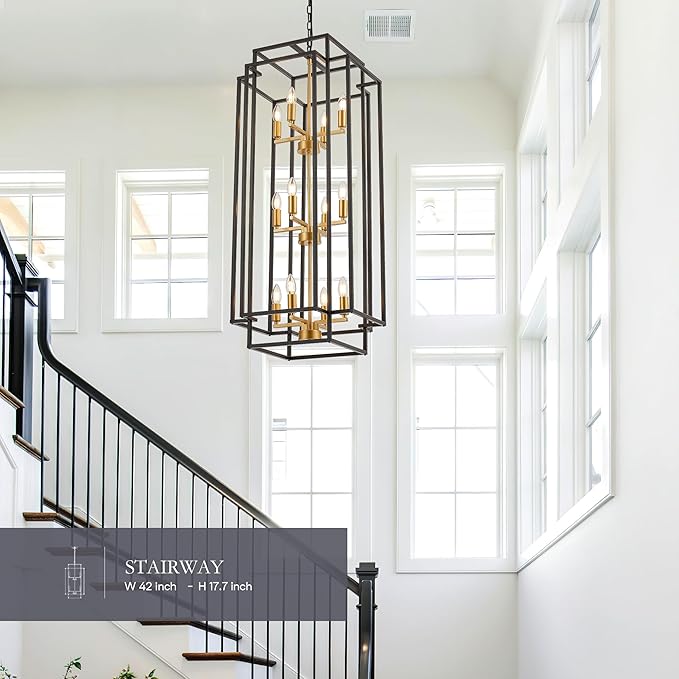 12-Light Lantern Tiered Pendant Light Fixtures, Black Metal Farmhouse Chandelier Hall Foyer Hanging Chandelier for Kitchen Island Dining Room Living Room Foyer Entryway, Black+Gold