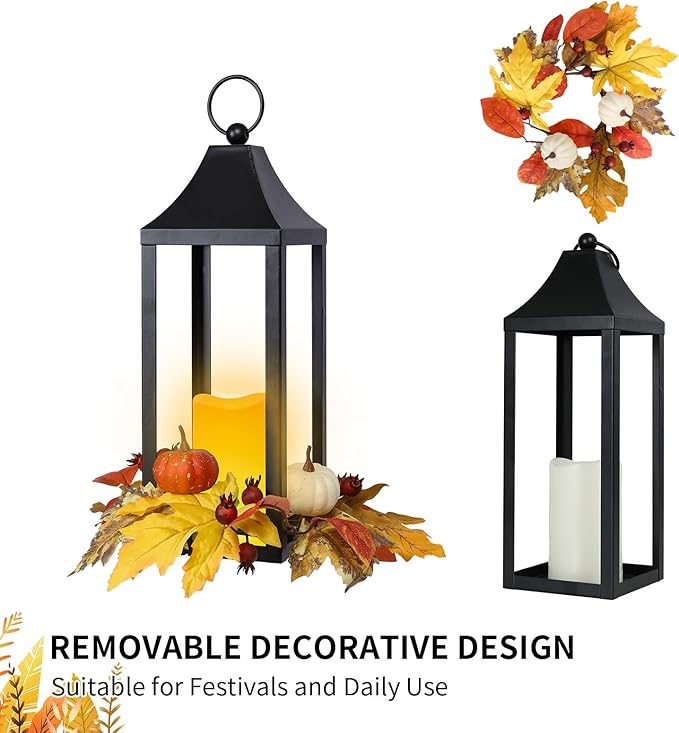 Bdor 2 Pack Fall Lantern Decor with LED Candle – 15.7 Inch Harvest Pumpkin Maple Leaf Hanging Lantern for Autumn Thanksgiving Table Centerpiece Indoor Outdoor Decoration, Battery Operated