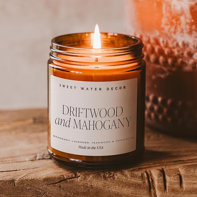 Sweet Water Decor Driftwood and Mahogany Soy Candle - Fresh Lavender, Geranium, Warm Mahogany, and Earthy Wood Scented Candles for Home - 9oz Amber Jar + Metal Lid, 40+ Hour Burn Time, Made in the USA