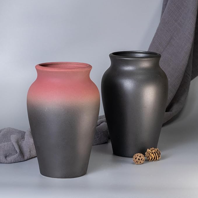 Ceramic Vase for Home Decor, 9 Inch Wide Mouth Pottery Vase, Vintage Farmhouse Boho Neutral Terracotta Rustic Decor for Living Room, Entryway, Floor, Mantel Decoration（Black & Red）