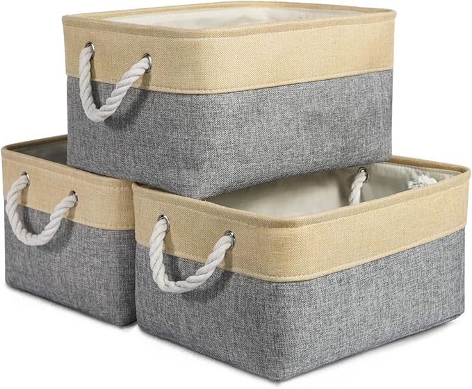 TheWarmHome Storage Bins for Organizing,Sturdy Storage Basket, Decorative Foldable Storage Baskets for Shelves Closet Toy (Gold&Grey Medium - 3 Pack 13.8L×9.8W×6.7H inch)