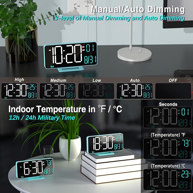 KOSUMOSU Digital Alarm Clock, 6.7in Digital Clock for Bedroom, Auto Dimming, Room Temperature, Day of The Week, Seconds, Date, Desk Clocks for Living Room, Alarm Clocks for Bedrooms
