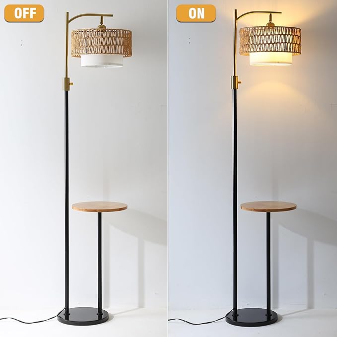 Dimmable Floor Lamp with Table and Marble Base, Arc Floor Lamp with Dimmable Bulb, Boho Farmhouse Standing lamp with Fabric & Rattan Lampshades for Living Room Bedroom (Black and Gold)