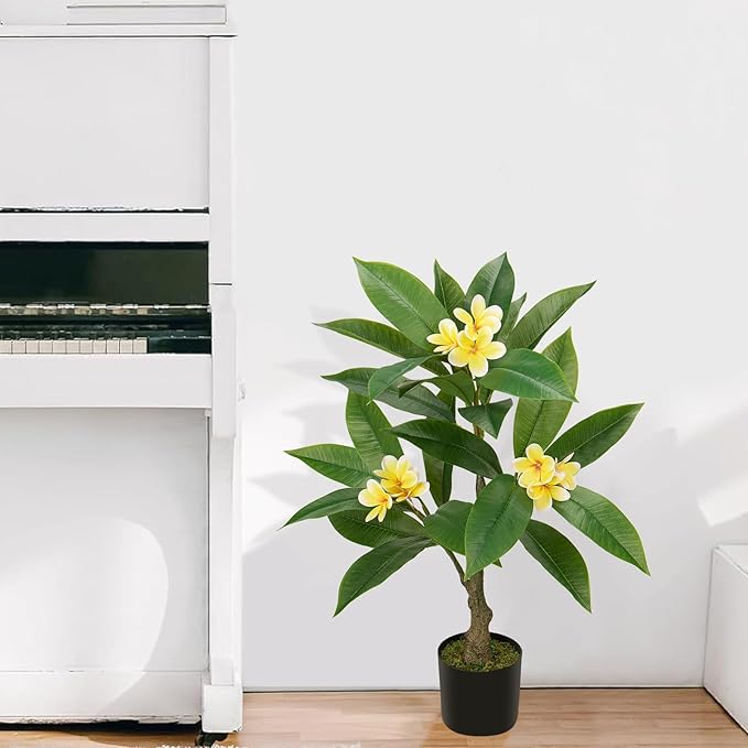 Briful Artificial Plants Indoor 26.77'' Fake Tropical Plumeria Flowers Tree Plants in Black Pot, Hawaiian Yellow Plumeria Faux Frangipani Tree Floor Plant for Home Office Wedding Decor