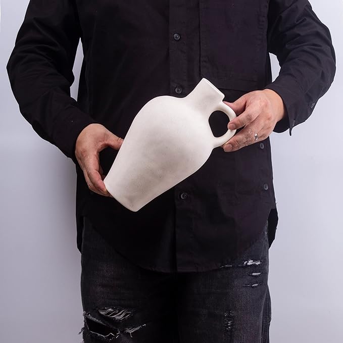 BlossoME Antique Ceramic White Vase for Home Decor, Stoneware Jug for Room Centerpiece, Rustic, Farmhouse and Vintage Pottery Gifts, Matte, with Handle-Height 10”