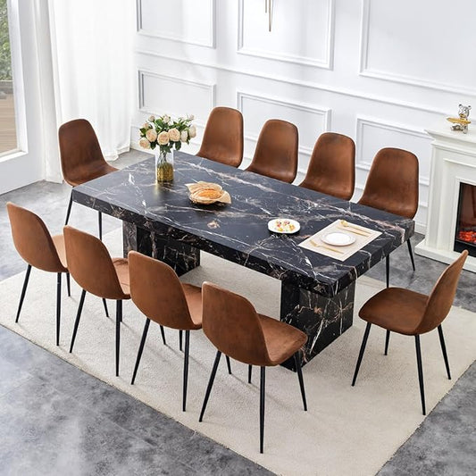 79" Marble Dining Table Set｜Modern Dining Table Set with 10 Suede Chairs｜Engineered Wood with Marble Pattern Tabletop｜Widened and Stable Tablelegs｜Easy Assembly