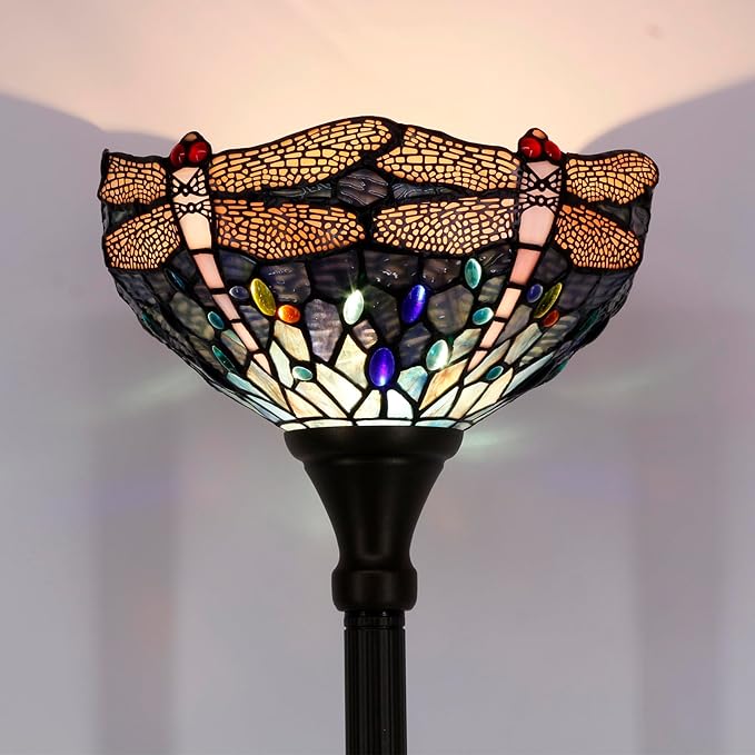 WERFACTORY Tiffany Floor Lamp Sea Blue Stained Glass Dragonfly Light 12X12X71 Inches Pole Torchiere Standing Corner Torch Uplight Decor Bedroom Living Room Home Office S631 Series