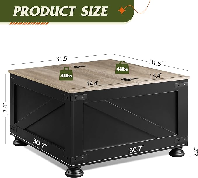 WLIVE Farmhouse Lift Top Coffee Table with Storage, 31.5" Square Center Table, Flip-Top Hidden Compartment, Wood-Grain Coffee Table for Living Room, Bedroom, Black