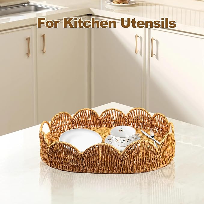 Elliptical Rattan Scalloped Tray, Woven Basket Tray with Bulit-in Handles Scalloped Edges Serving Tray for Coffee Table Living Room Home Decor 14.2" L x 10.9" W x 3.4" H