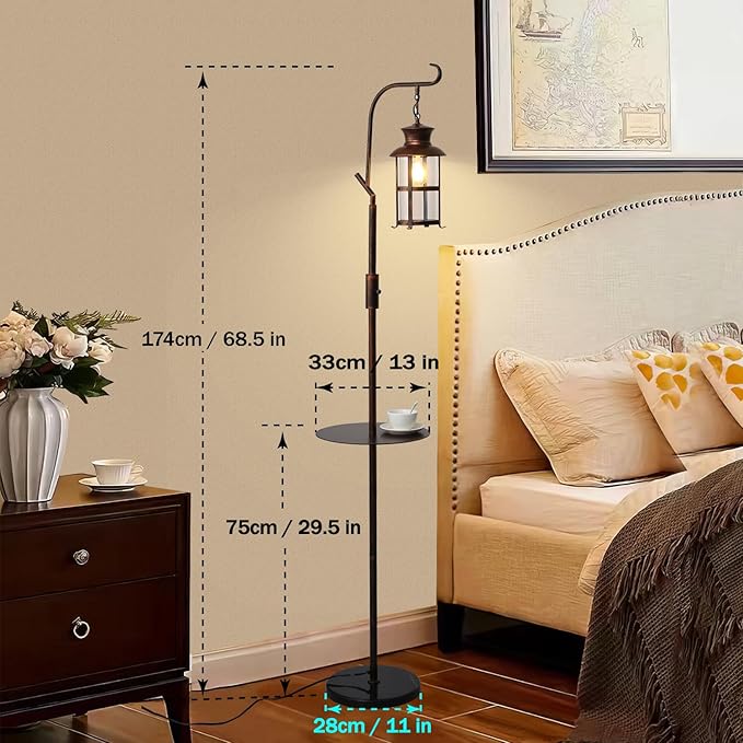 Vintage Dimmable Floor Lamp with matel Table,Classical Lanterns Standing Lamp, Rustic Farmhouse Floor Lamp with Red Copper Finish, for Living Room Bedroom