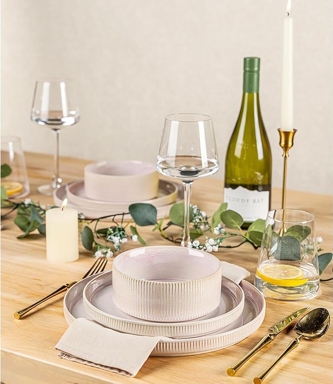 TheTerra Ceramic Dinnerware Sets for 8, 24 Pieces Porcelain Lightweight Speckled Plates and Bowls Sets, Scratch Resistant Dish Set, Oven & Microwave & Dishwasher Safe, Primrose Pink