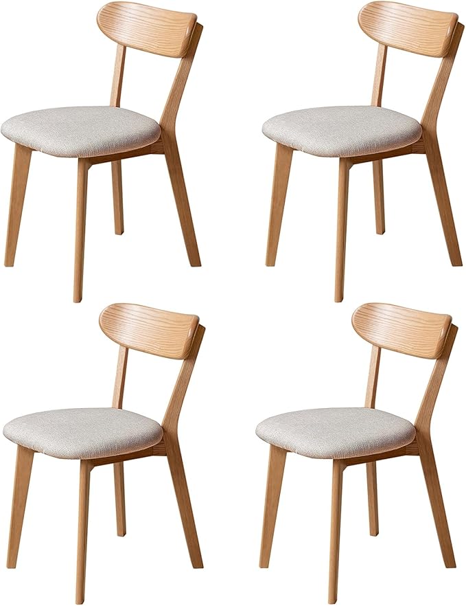 100% Solid Oak Wood Dining Chairs,Mid Century Modern Dining Chairs with Upholstered Cushion,Kitchen,Dining Room Chairs Set of 4 (4, Original Color White Upholstery)
