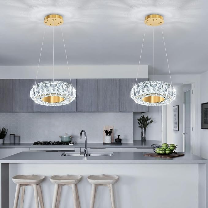 8" Ring Modern LED Dimmable Crystal Chandelier Adjustable Height Pendant Light Round Crystal Chandelier Light Fixtures for Dining Room Living Room Kitchen Island Gold