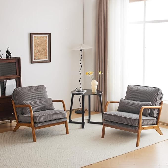 Karl home Mid-Century Modern Accent Chair, Living Room Chairs with Pillow Corduroy Upholstered Lounge Armchair with Solid Wood Frame & Soft Cushion for Bedroom, Reading Room, Gray