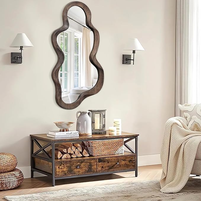 Asymmetrical Cloud Mirror - Irregular Wood Frame, Modern Artistic Wall Mirror, Decorative for Bathroom, Living Room, Bedroom, Entryway & Hallway - 90x50cm