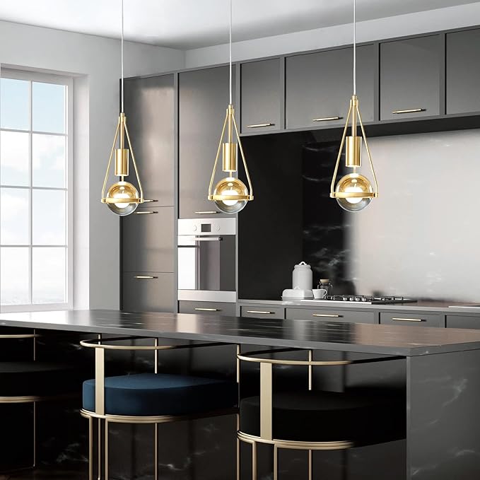 Gold Dandelion Pendant Light in Brushed Brass Finish, 1-Light Mini Globe Modern Crystal Kitchen Island Pendant Lighting Dimmable LED Hanging Ceiling Light Fixture for Bathroom Bedroom