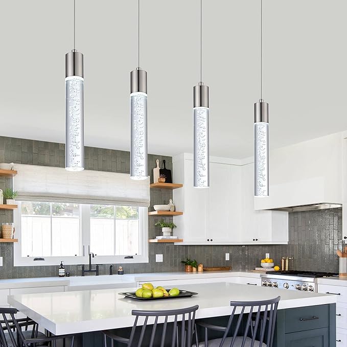 3 Pack Mini Pendant Light,Satin Nickel Kitchen Lighting with Led Bulb, Updated 3D Generation Preminum Bubble Chandelier Light Fixture for Kitchen,Dining Room,Living Room,Corridor……