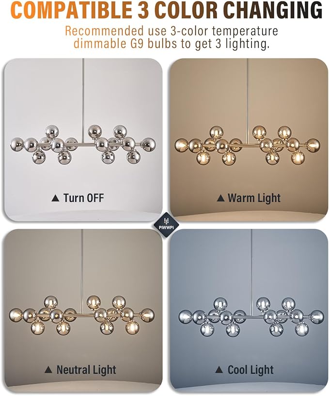 Glass Globe Sputnik Chandelier, 16-Light Mid Century Modern Light Fixture Over Table, Linear Chandeliers for Dining Room, Kitchen Island, Nickel and Smoke Grey Bubble, 40 Inch, GC-02