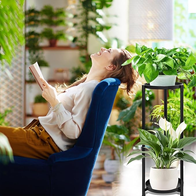 2 Tier Plant Stand Indoor Tall, Black Corner Tiered Round Plant Stand for Indoor Multiple Plants, Metal Flower Pot Stands Outdoor Holders Plant Shelf Display Rack for Balcony Living Room