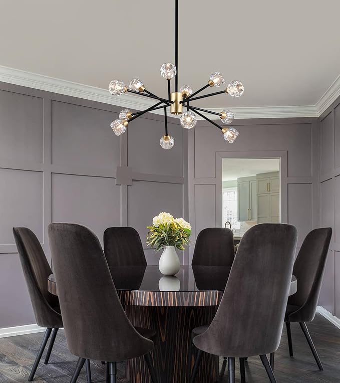 AMZASA Crystal Chandeliers, Modern Black and Gold Sputnik Pendant Lighting, 12 Lights Mid Century Ceiling Light Fixtures for Dining Room Kitchen Island Living Room Bedroom Bar,UL