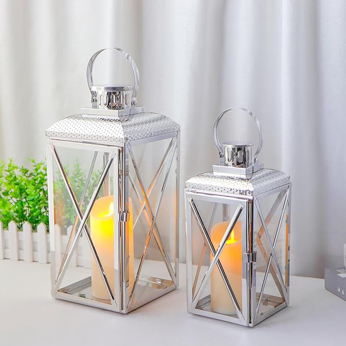 TRIROCKS Stainless Steel Lantern 18'' & 14" H Set of 2-Square Elegance Metal Candle Lanterns Candle Holder with Tempered Glass for Home Garden Indoor Outdoor Decor Celebratory