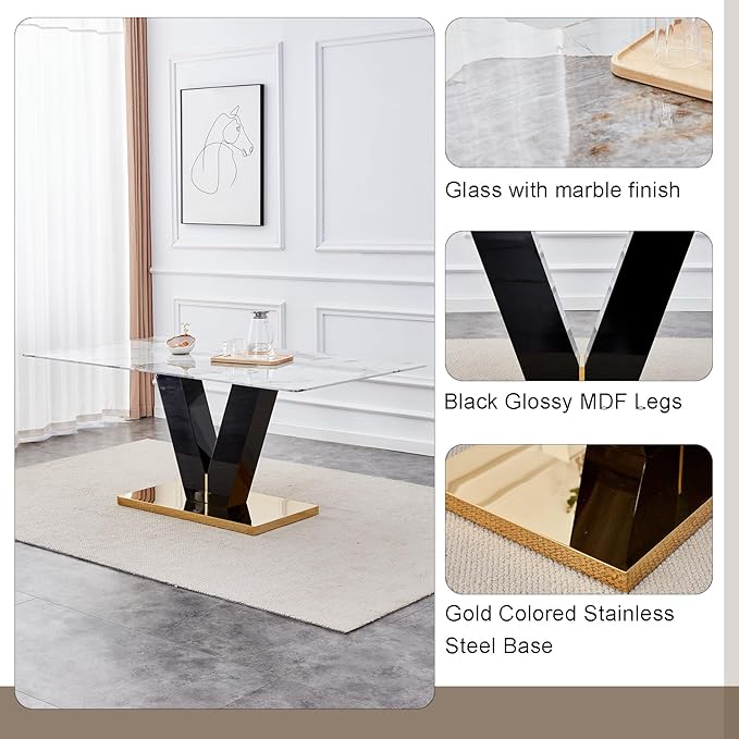 71'' Dining Table Set for 8,Marble Dining Table Set,Modern Kitchen Table with 8 PU Leather Chairs,Gold Dining Room Table Set with V-Shaped Black Glossy Pillars,Ideal for Kitchen Dining Room