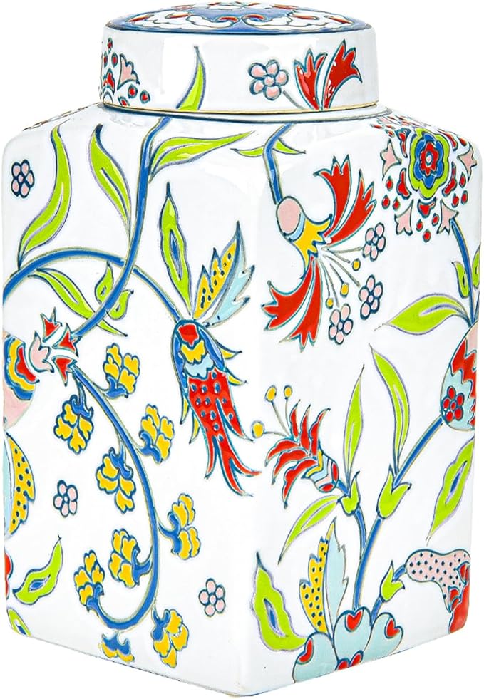 Sungmor Decorative Ceramic Ginger Jar with Lid, Square Ceramic Storage Jar Tea Canister, 8.2" Hand Painted Floral Pattern Porcelain Vase for Table Centerpiece, White Glazed Ginger Jar for Home Decor